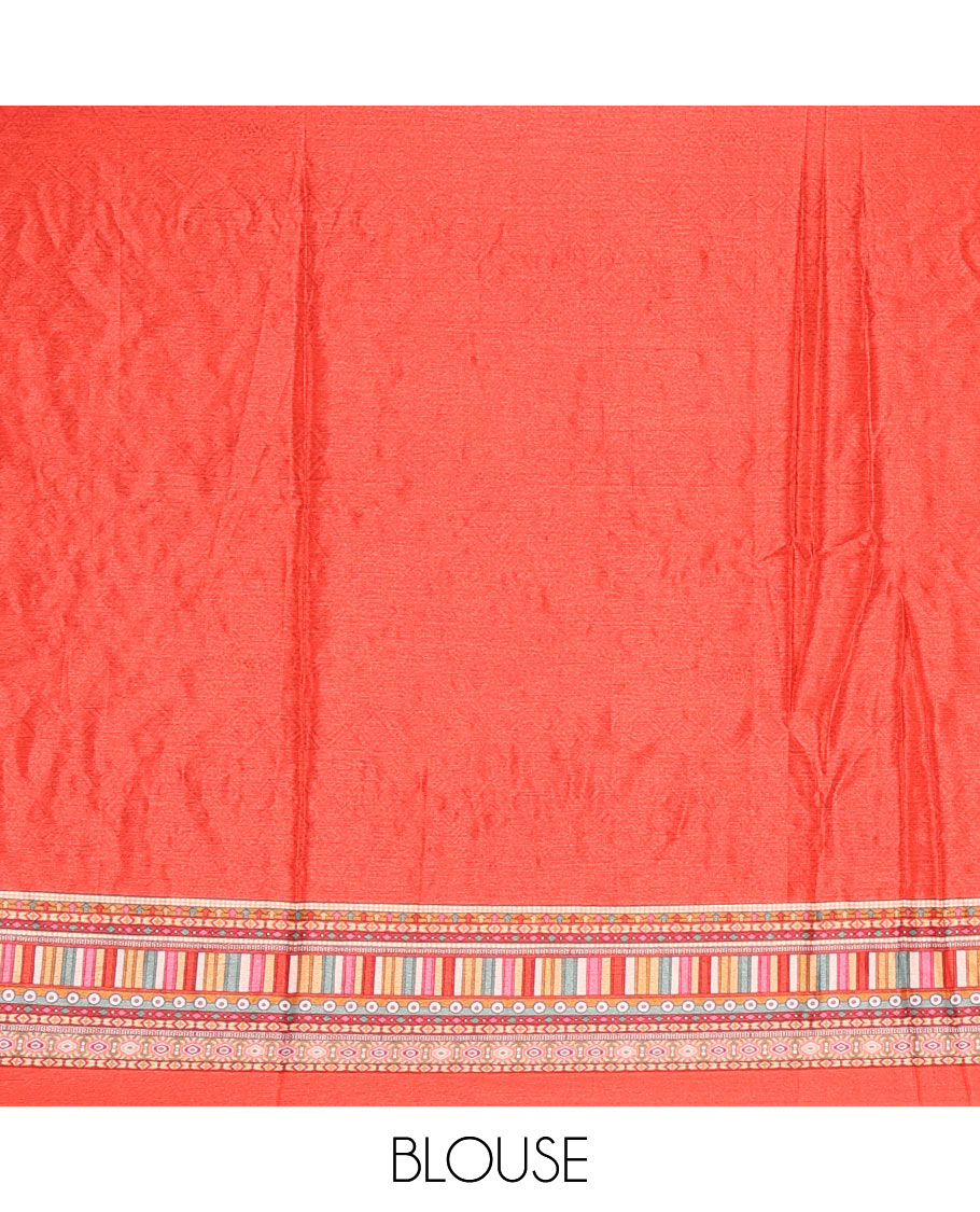 Red geometric patterns printed and mirror embroidered Masakali saree with matching plain printed border blouse