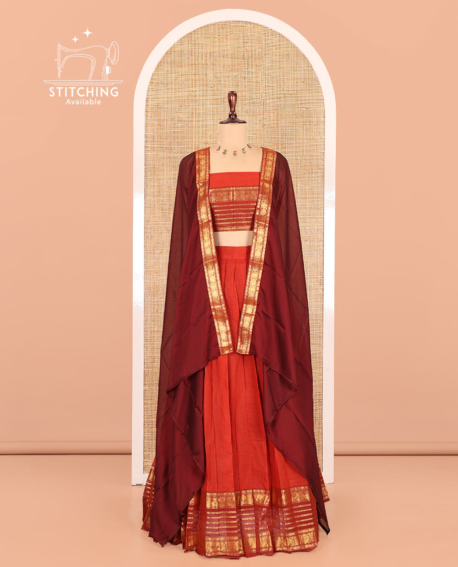 Rust-Maroon Chettinad Cotton Half-Saree, Plain Contrast Traditional Zari Bordered Skirt, Matching Blouse, and a Contrast Dhavani