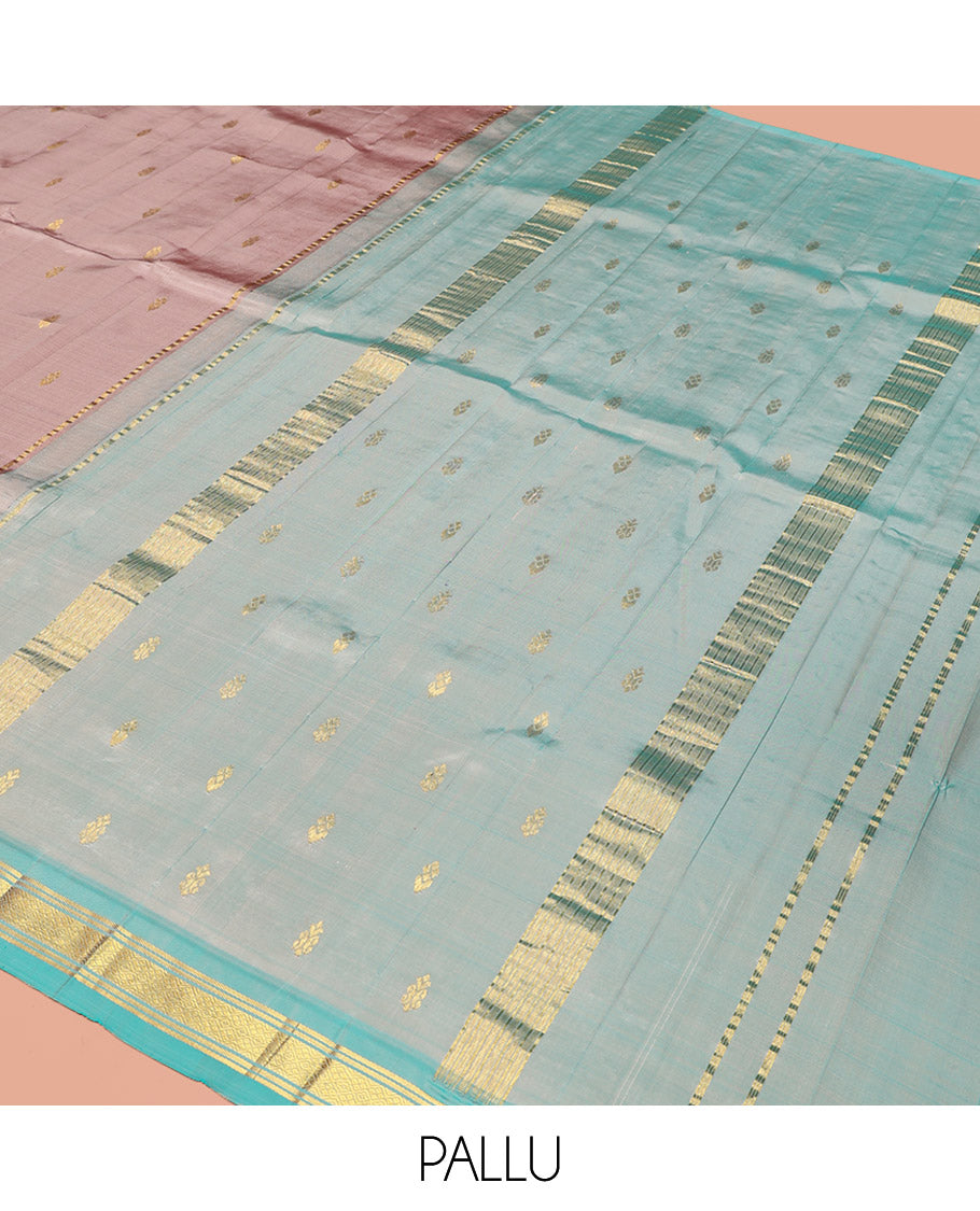 Pink Kanchipuram Silk Saree, Finely Crafted with Zari Buttas, a Contrast One-Sided Border of Jaal Design, Zari Design Pallu, and No Blouse