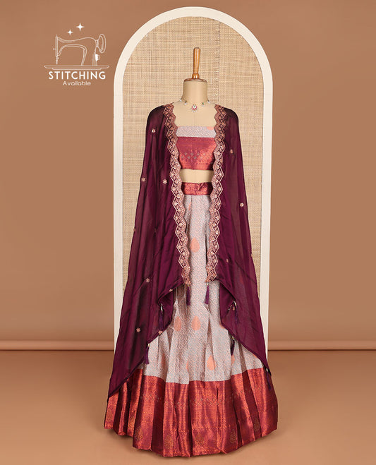Pale brown floral vine design hald saree with contrast zari design border, zari design blouse & floral embroidery scallop border dhavani