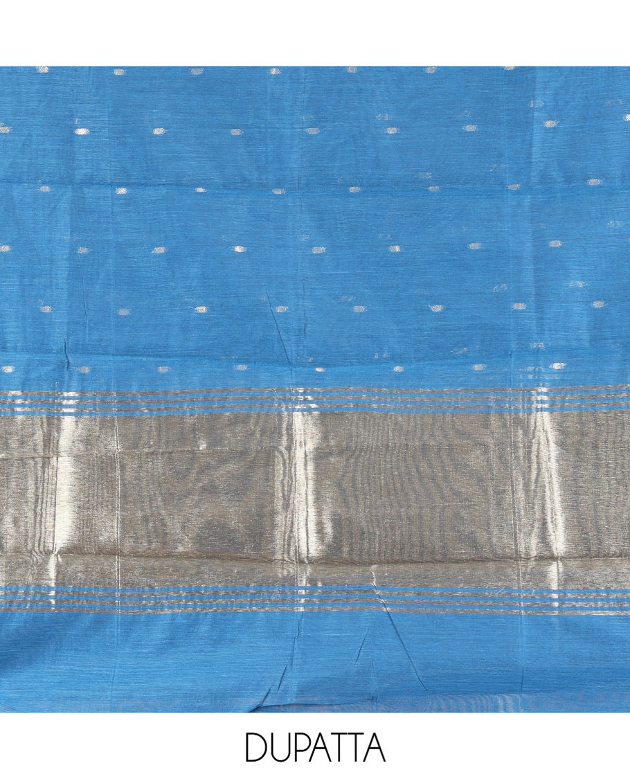 Firozi Blue Banarasi Chanderi Material Churidar, Beautified with Buttas Top, a Plain Bottom, and a Matching Dupatta