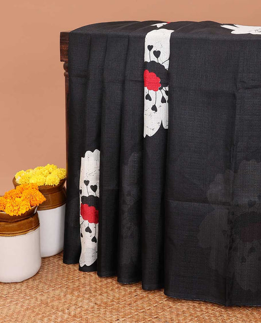 Borderless black all-over floral print khadhi tussar saree with same color blouse