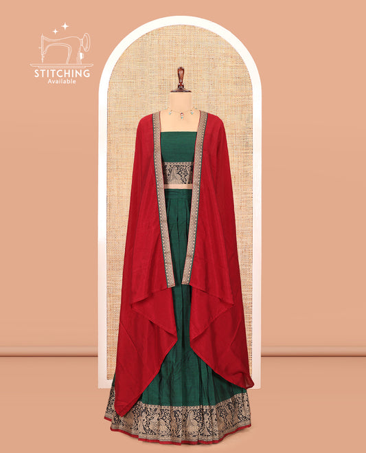 Green Mercerised Cotton Half-Saree Features a Plain Skirt, a Bridegroom Motif Border, a Matching Blouse, a Contrast Dhavani