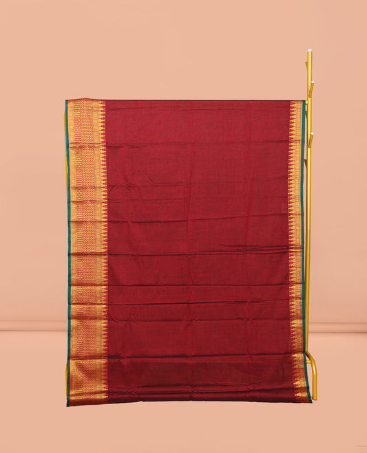 Red Plain Narayanpet Cotton Saree, Complemented by Contrast Traditional Zari Design Temple Border, Striped Pallu, and Comes Without a Blouse