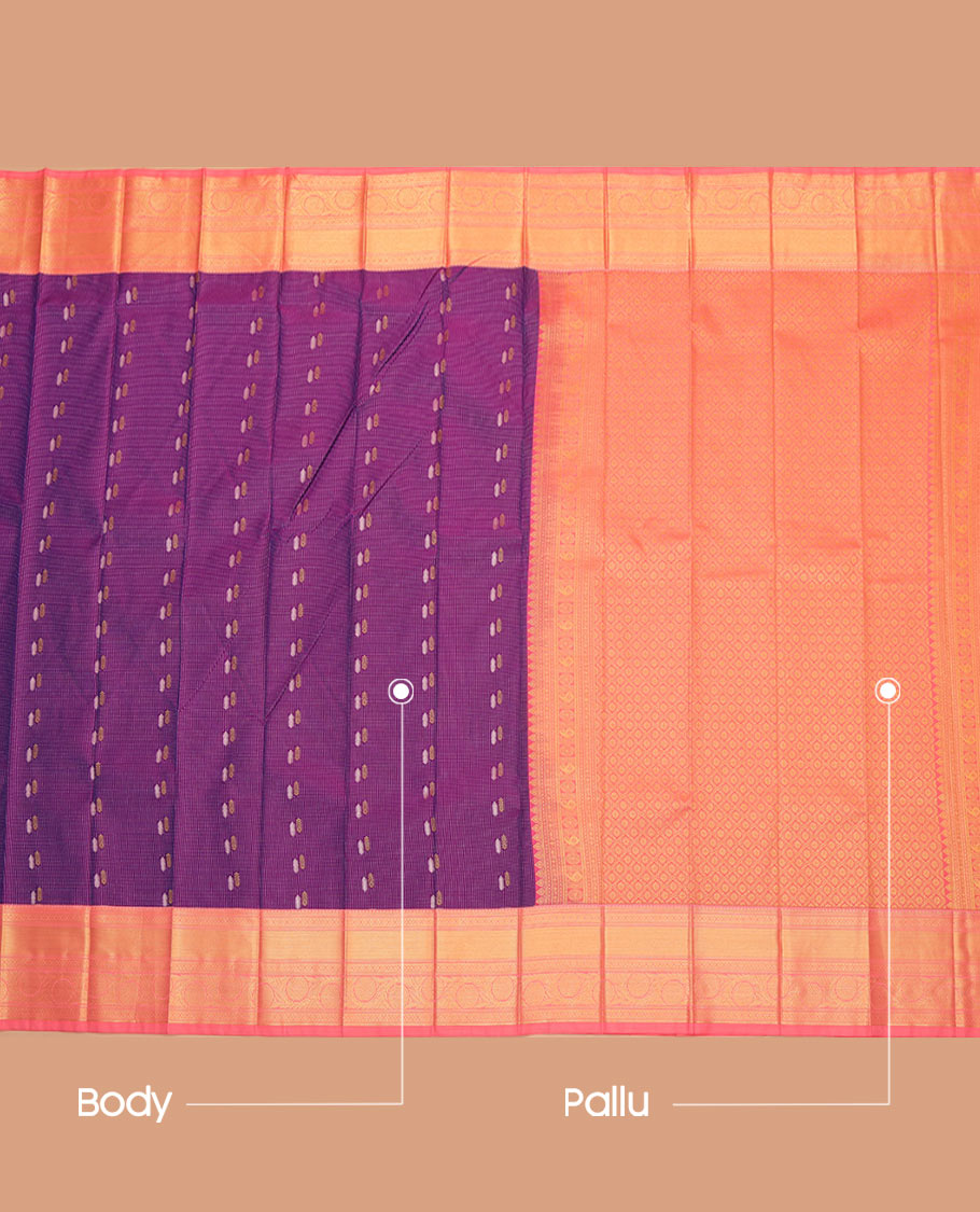 Purple Budget Silk Saree, Subtly Sparkled with Zari Buttas All Over Its Body, Complemented by a Contrast Traditional Zari Border, Grand Jaal Pallu, and Paired with a Contrast Blouse