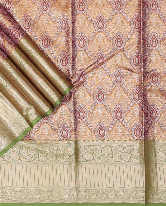 Orange floral jaal art silk pavadai material with contrast traditional zari design border & zari design blouse