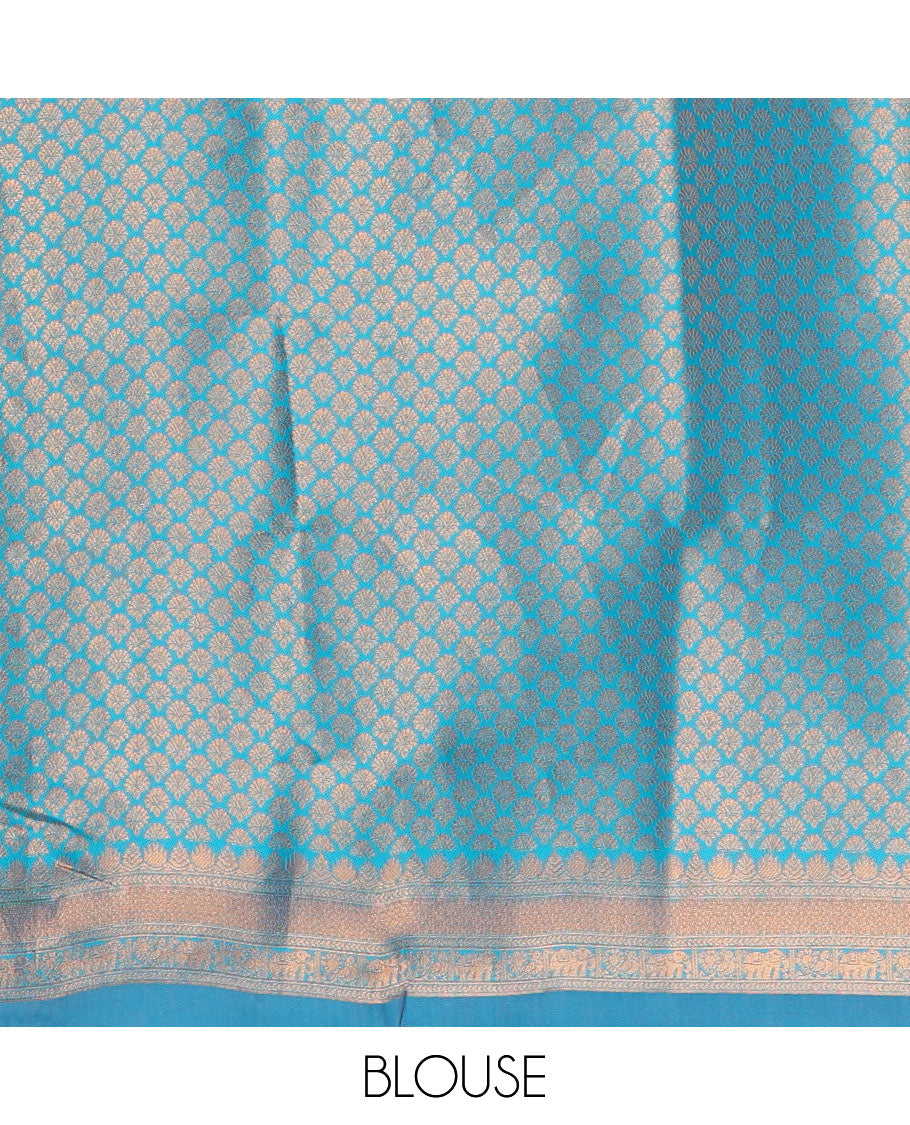 Pink copper zari buttas elite soft silk saree , contrast zari weaving border , contrast brocade rich pallu with tussels , and  contrast brocade blouse