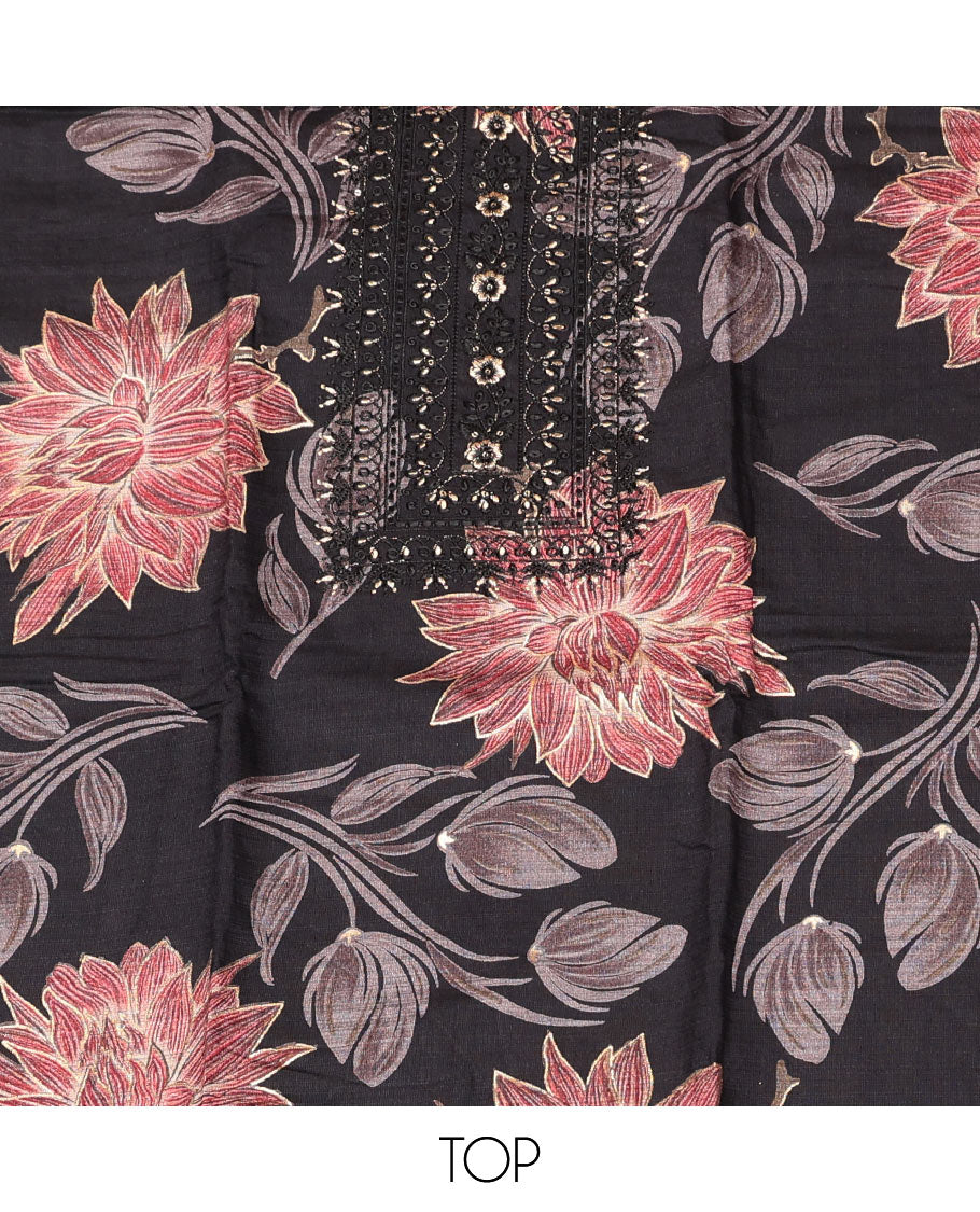Black Rayon Floral Print Material Chudidar Set