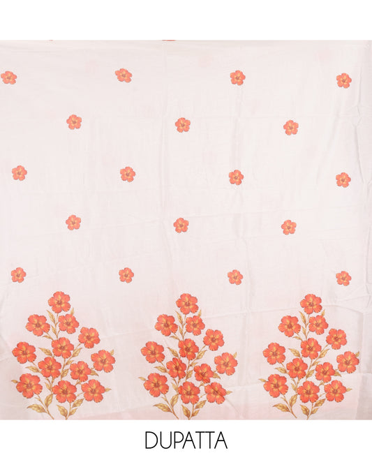 Cream-Red Semi-Silk Material Chudidar, Floral Printed Top, Matching Bottom, Floral Printed Dupatta