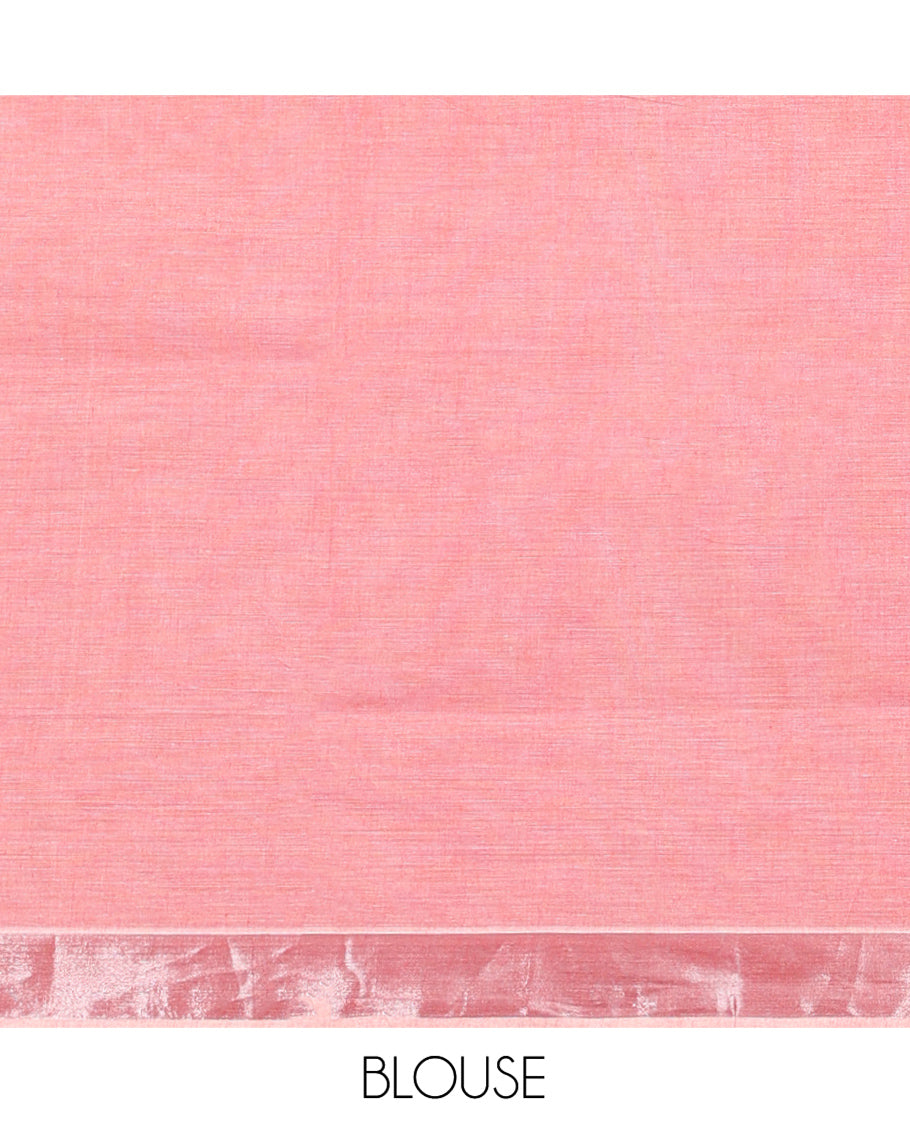 Pink Kerala Cotton Saree, Woven with Buttas All Over Its Body, a Zari Bavanji Border, Pallu of Intricate Designs, and Paired with a Matching Blouse
