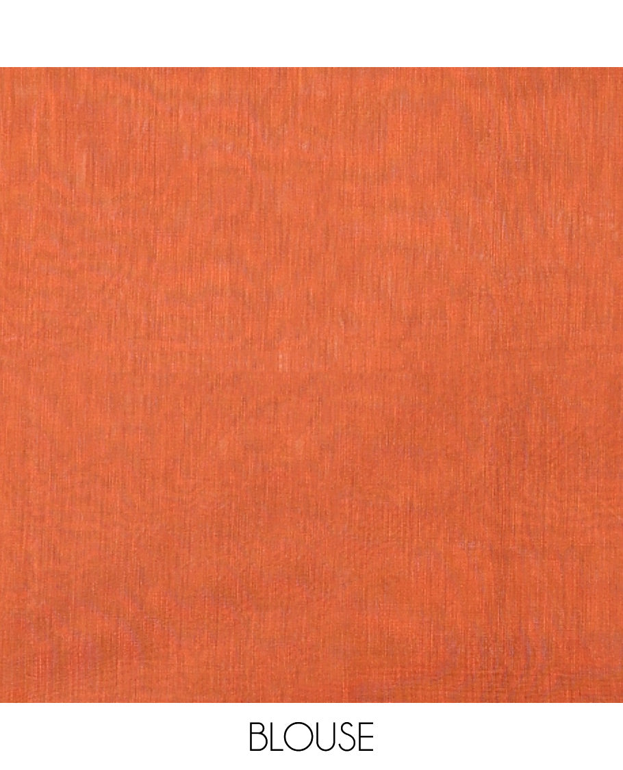 Rust Orange Semi-Silk Cotton Saree, Gleamed Up with Zari Buttas All Over Its Body, a Subtle Border of Floral Designs, Grand Jaal Pallu, and Paired with a Matching Blouse