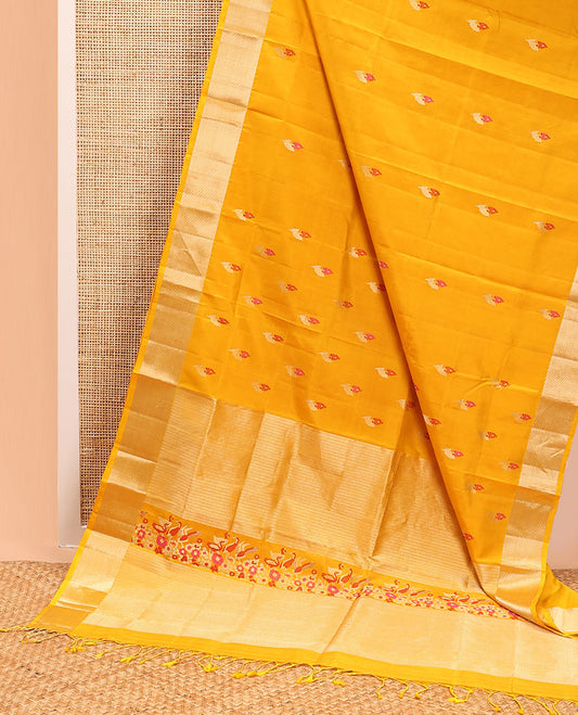 Orange floral motifs mayuri soft silk saree with contrast zari border & striped, floral design pallu