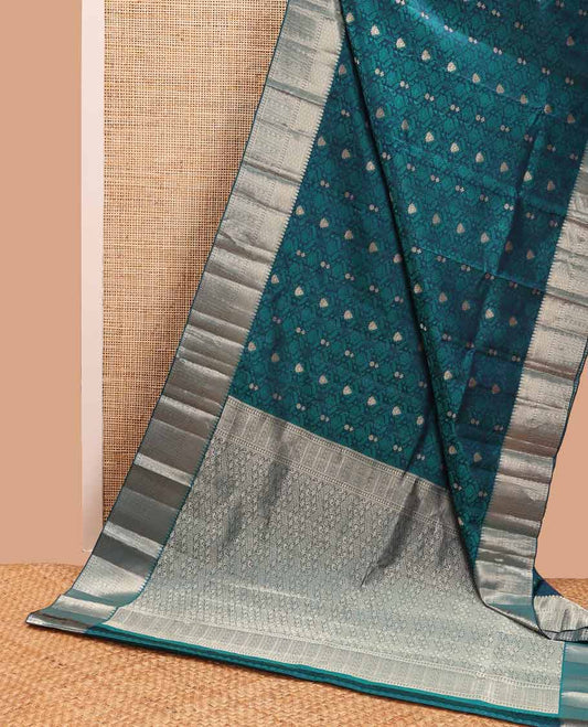 Blue floral jacquard kancheepuram silk saree with self floral design border & jaal design pallu