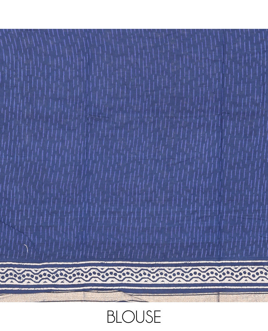 Blue Mul Mul Cotton Saree, Decked Up with Floral Buttas, a Piping Border, Printed Pallu, and a Matching Blouse