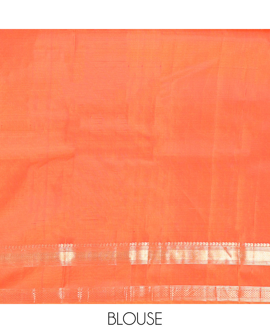 Orange Kanchipuram Silk Saree, Ornamented with Manga Buttas, Highlighted By Zari Rettai Pettu Border of Manga, Banaras, Mayil Kann, and Arai Maadam Design, Grand Pallu, and a Matching Blouse