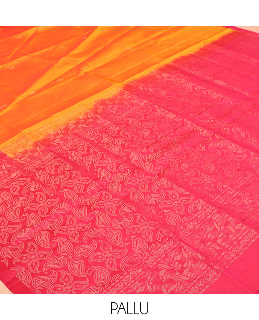 Orange Mayuri Soft Silk Saree, Woven with Buttas All Over the Body, Complemented by a Contrast Floral Design Border, Pallu Steeped with Paisleys, and Paired with a Contrast Blouse