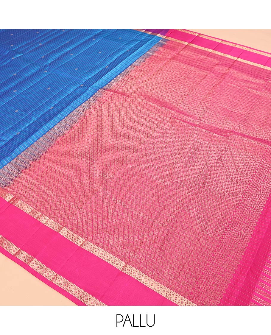 Blue Vasundhara Silk Saree, Featuring Zari Buttas and Checks, a Contrast Rettai Pettu Zari Border, Jaal Pallu, and Contrast Blouse