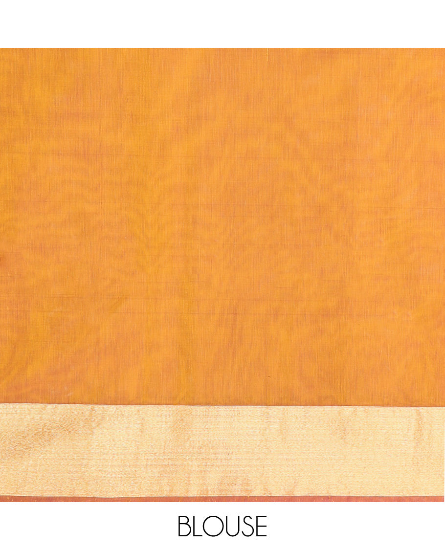 Mustard Silk Cotton Saree, Spotlighted with Round Buttas All Over Its Body, Complemented by Contrast Border, Sparsely Woven Pallu, and Paired with a Contrast Blouse