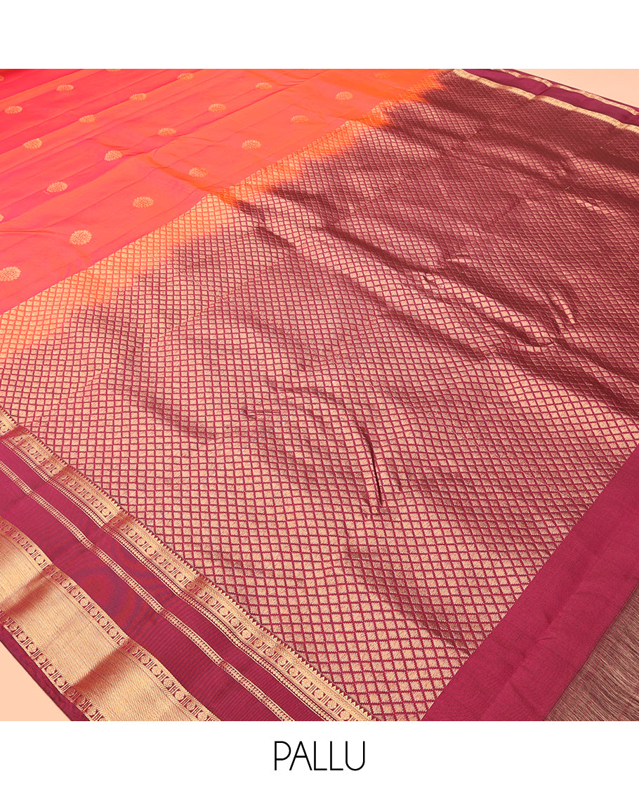 Orange Vasundhara Lite Silk Mix Saree, Delicately Woven with Chakram Buttas, a Contrast Border of Rekku, Banaras, Poun, and Manga Designs, Jaal Pallu, and a Contrast Blouse
