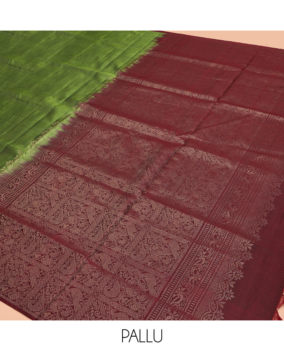 Green Mayuri Lite Silk Mix Saree, Finely Crafted with Vazhaipoo Stripes, Contrast Border of Gandaberunda, Yaanai, and Maan, Intricate Pallu, and a Contrast Blouse
