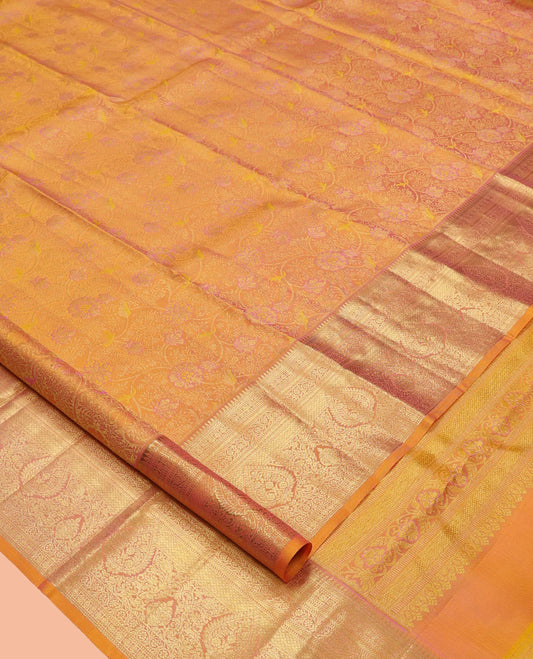 Yellow Kanchipuram Wedding Silk Saree, Detailed with Jacquard Design, a Self-Border of Rekku, Muthu, Poun, Kathir, Kodi Visiry, and Mayil Kann, Grand Pallu, and a Matching Blouse