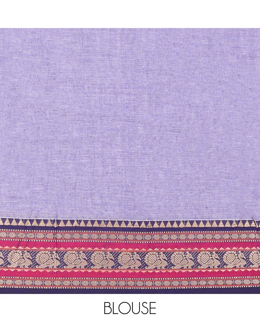 Lavender cotton half saree with contrast zari design border, zari design blouse & temple, peacock design border dhavani