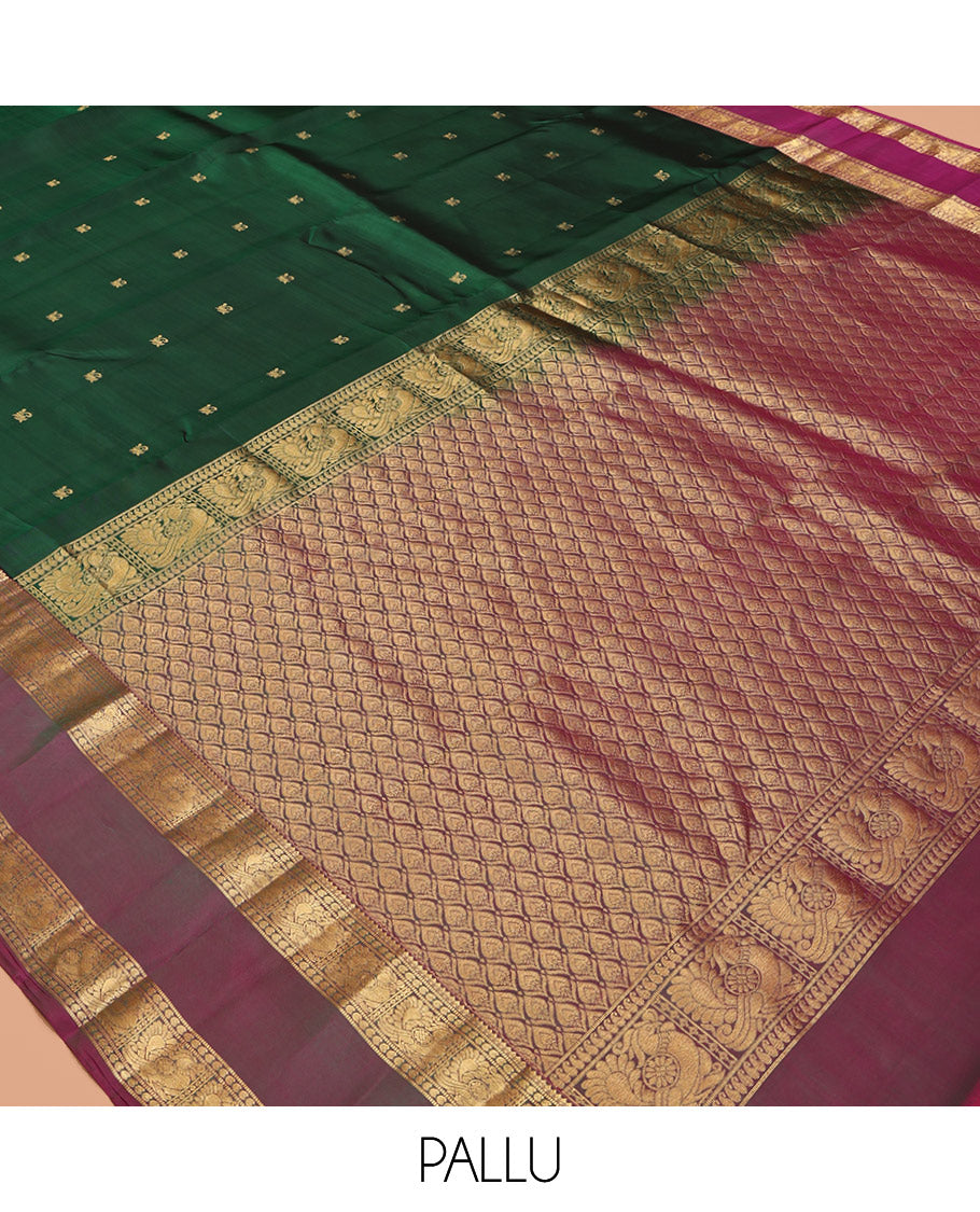 Green Vasundhara Lite-Silk Mix Saree, Bedecked with Zari Buttas, Complemented by a Contrast Rettai Pettu Mayil Border, Jaal Pallu, and a Contrast Blouse