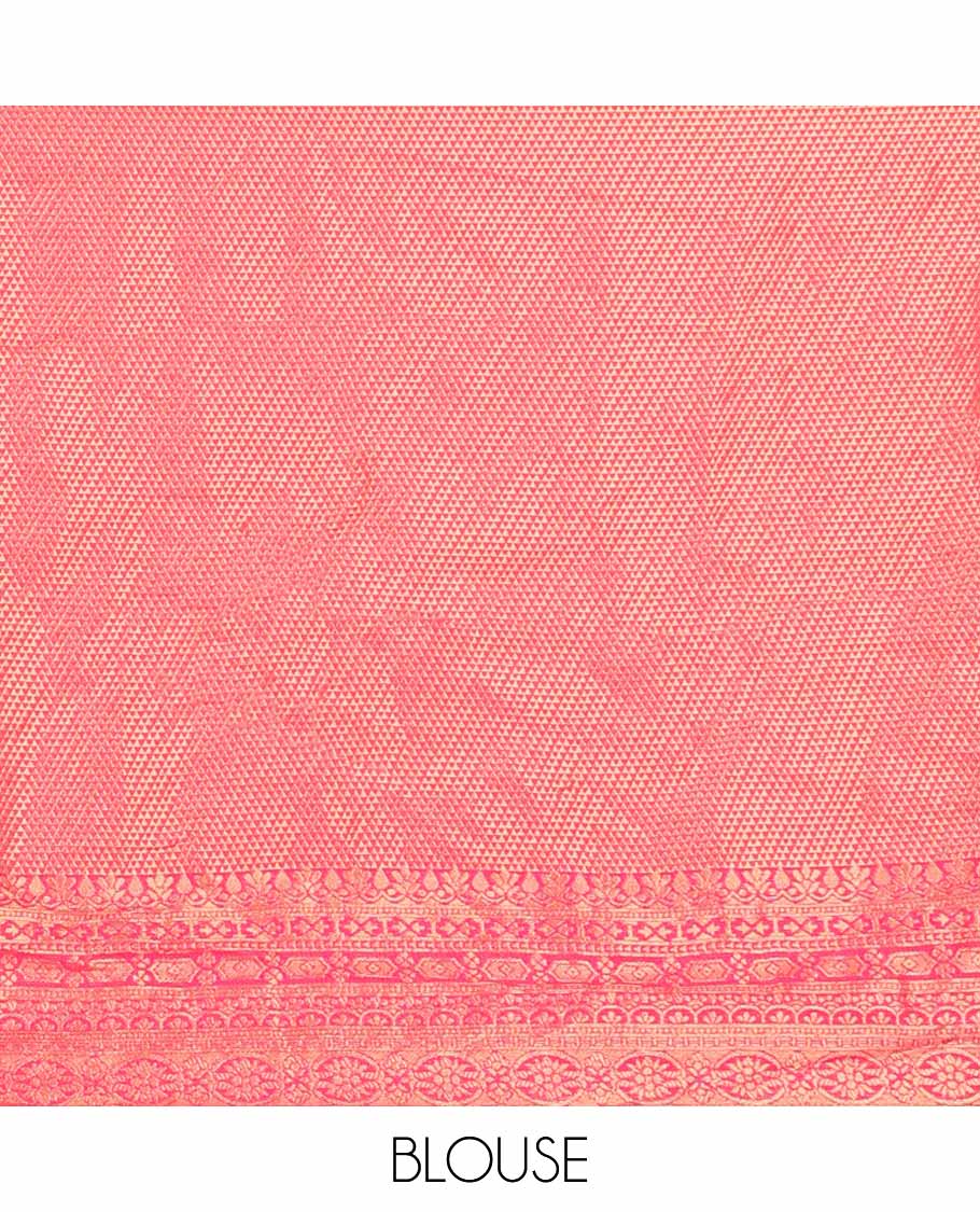 baby pink intricate design banaras half saree with contrast zari design border, argyle design blouse & floral embroidery, scallop border dhavani