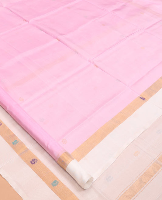 Pink Uppada Silk Saree, Sparsely Woven with Zari Buttas, Complemented By Contrast Butta Woven Border, Pallu of Peacock and Floral Buttas, and a Contrast Blouse