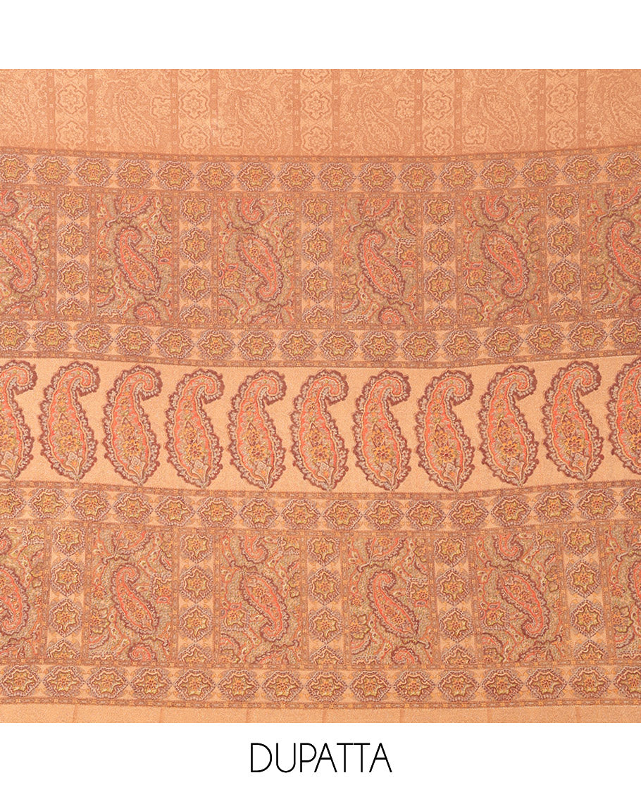 Light Mustard Material Chudidar Set Intricately Printed with Paisley Motifs on the Italian Crepe Top, Subtly Negative Printed Bottom, and Italian Crepe Dupatta of the Same Paisley Prints