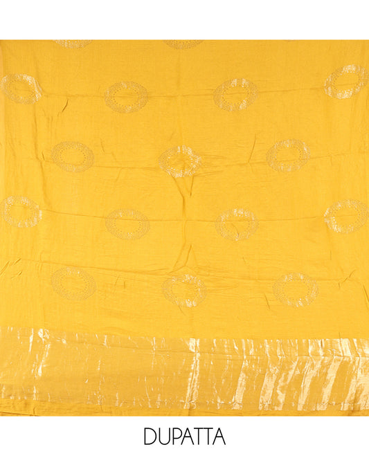 Yellow Mul Chanderi Material Chudidar Set, Subtly Sparkled with Buttas Top, a Matching Bottom, and a Circle Motif Woven Dupatta
