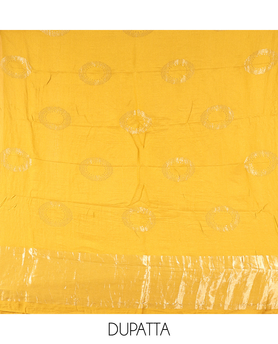 Yellow Mul Chanderi Material Chudidar Set, Subtly Sparkled with Buttas Top, a Matching Bottom, and a Circle Motif Woven Dupatta