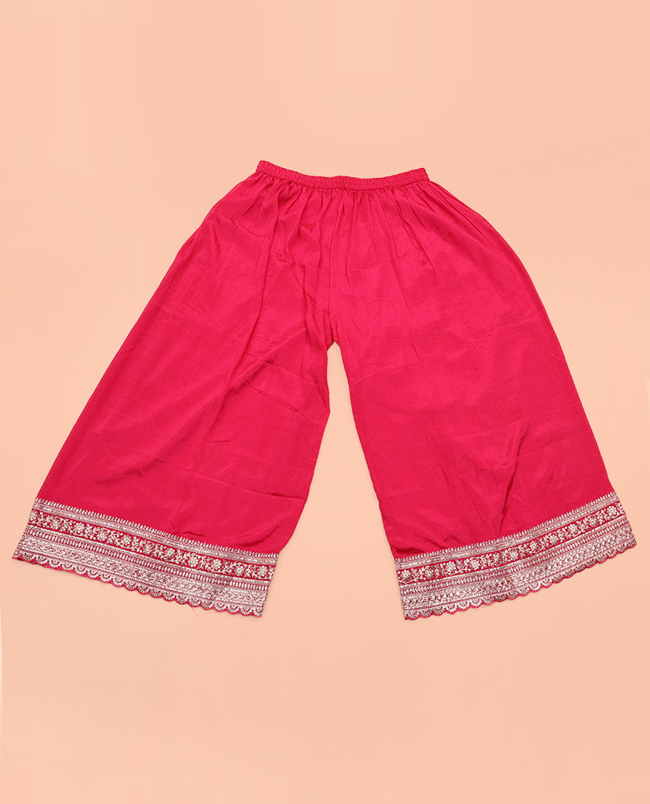 Tomato Pink Chudidar Set Prettified with Floral Jaal Jacquard Design Viscose Chinon Unstitched Top, Readymade Free Size Sharara Pants, and a Chinon Embroidered Scallop-Bordered Dupatta