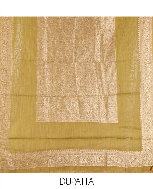 Mehendi Green Banarasi Material Chudidar Features Jacquard Top, a Matching Santoon Bottom, and an Intricately Designed Dupatta