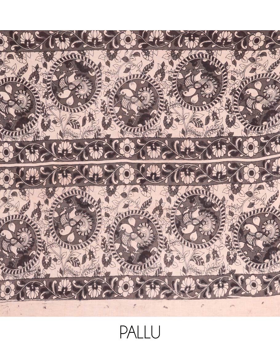 Multi-color Machine-Printed Kalamkari Cotton Saree Features Intricate Floral Motifs, a Floral Creeper Border, Kalamkari Printed Pallu, and a Contrast Blouse