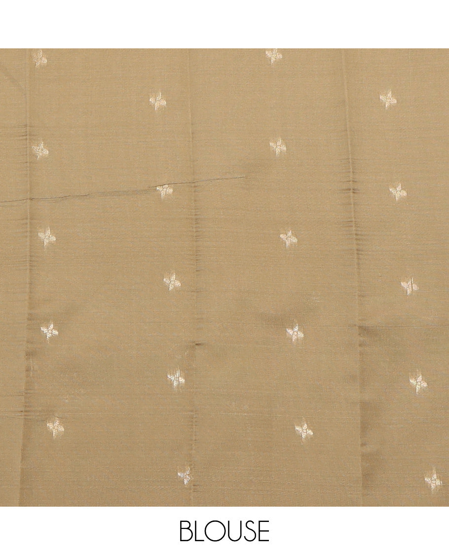 Maroon Litchi Saree, Gleamed Up with Zari Buttas and Stripes, a Contrast Zari Checked Border, Grand Pallu, and a Contrast Blouse