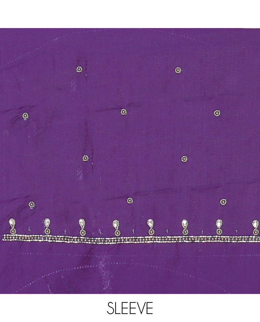 Dark Purple Fendi Organza Half-Saree, Plain Skirt, Matching Embroidered Blouse, Matching Scallop Dhavani