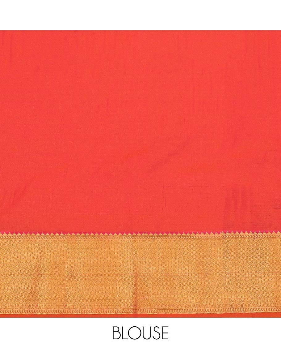 Orange Budget Silk Saree, Artfully Detailed with Peacock-Chakram Butta Enclosed Checks All Over Its Body, Highlighted by a Temple Zari Border of Traditional Designs, Pallu Depicts Mughal-Style Intricate Designs, and Paired with a Matching Blouse
