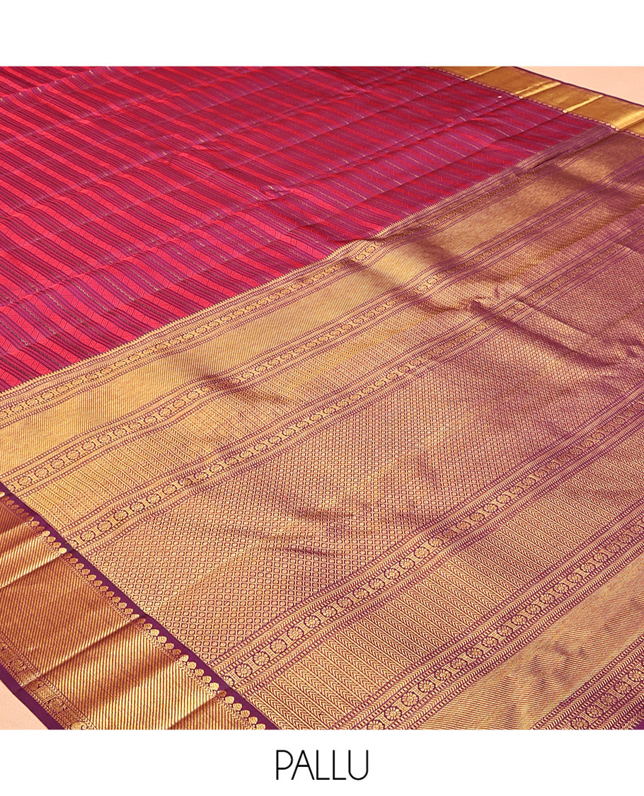 Purple Neli Embossed Parambara Silk Saree, a Zari Border of Salngai, Kathir, Mayil, and Manga Designs, Grand Pallu, and Matching Blouse