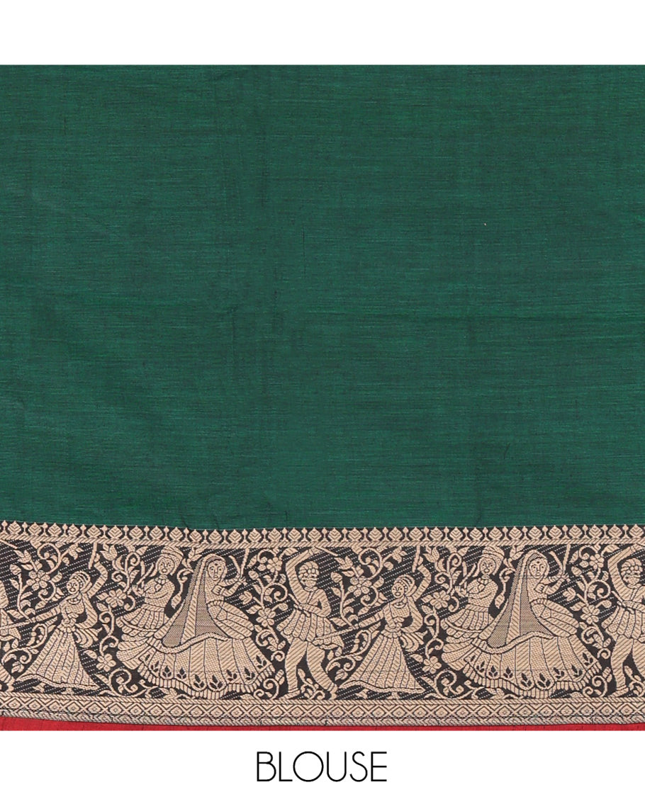 Green Mercerised Cotton Half-Saree Features a Plain Skirt, a Bridegroom Motif Border, a Matching Blouse, a Contrast Dhavani