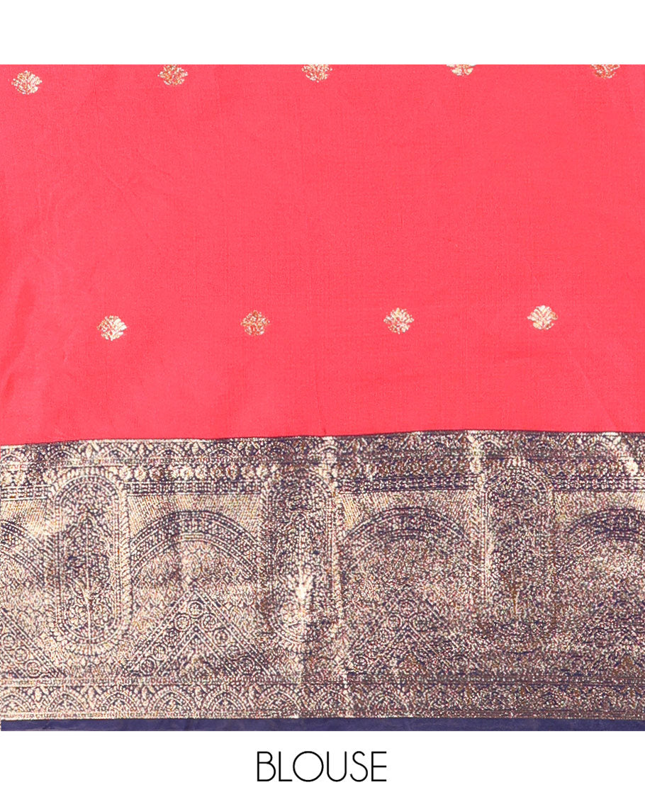 Pink and Blue Semi-Banarasi Half-Saree, Elegantly Woven with Zari Buttas on Its Skirt, Complemented by a Contrast Geometric Patterns Zari Woven Border, Paired with a Matching Blouse, and a Contrast Satin Georgette Embroidered Scallop Dhavani