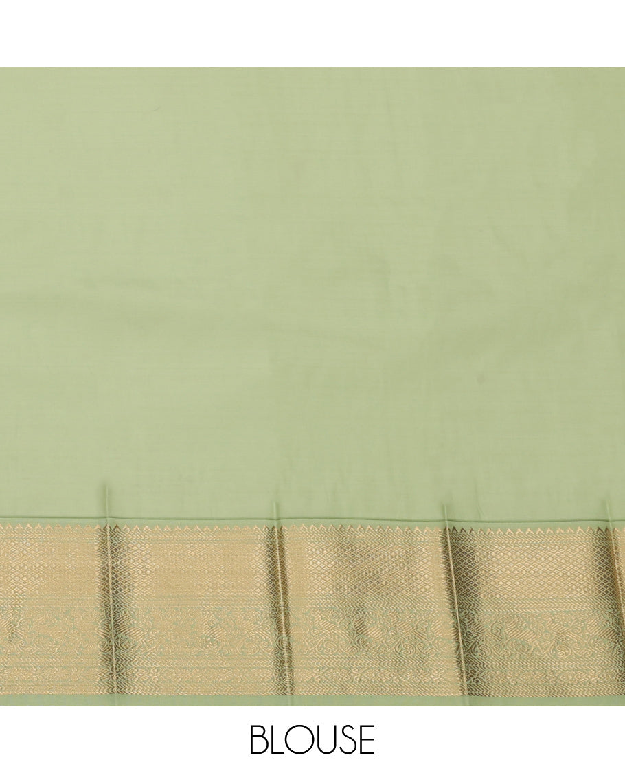 Green Budget Silk Saree, Ornamented with Peacock-Chakram Buttas and Stripes, Complemented by a Contrast Traditional Zari Border, Grand Pallu, and a Contrast Blouse