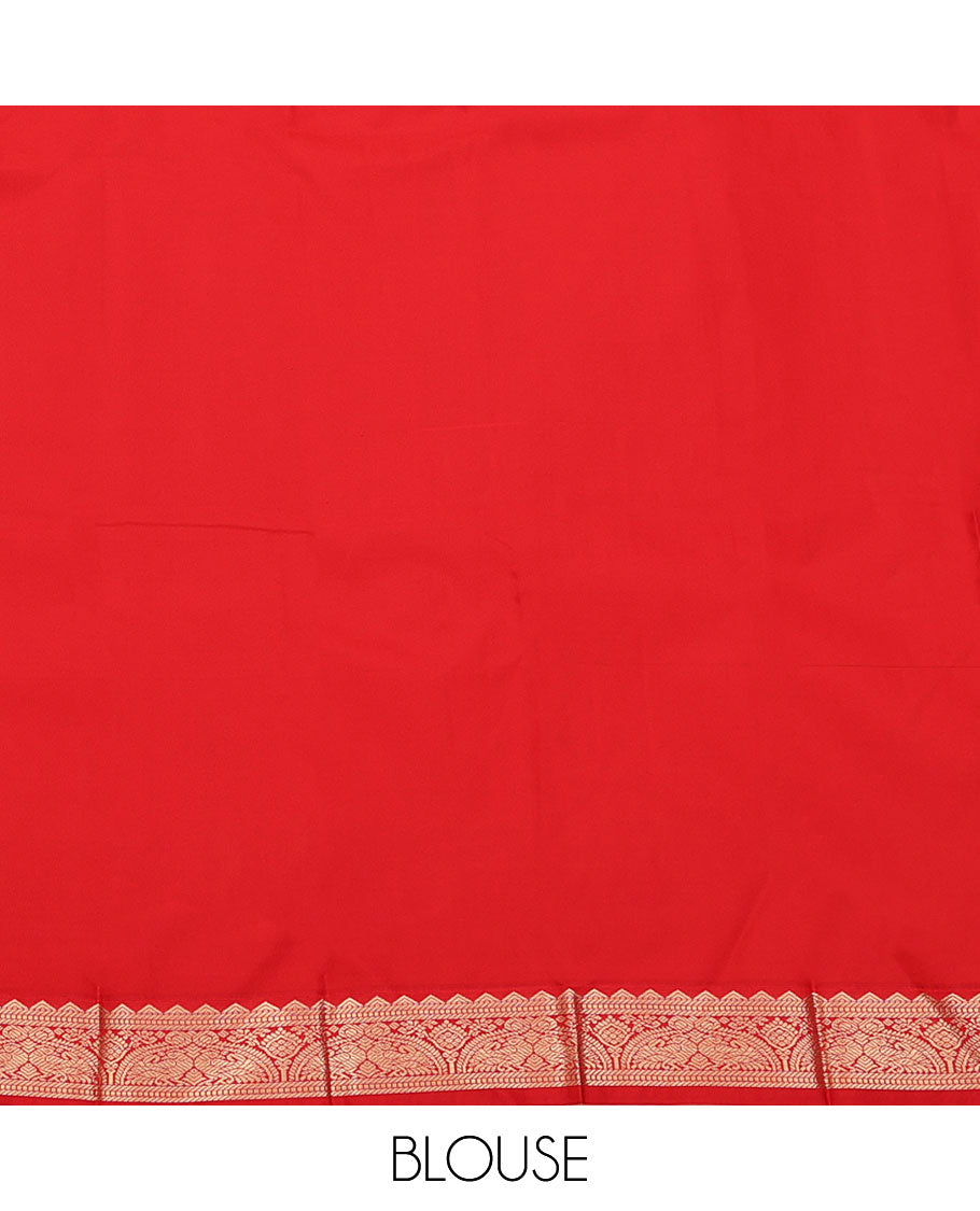 Black Budget Silk Saree, Highlighted with Buttas All Over Its Body, Complemented by a Contrast Traditional Zari Border of Peacocks, Grand Pallu of Geometric Design, and Paired with a Contrast Blouse