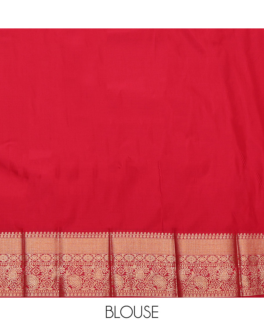 Orange Budget Silk Saree, Embellished with Zari Buttas and Stripes, Complemented by a Contrast Traditional Zari Border, Intricately Designed Pallu, and a Contrast Blouse
