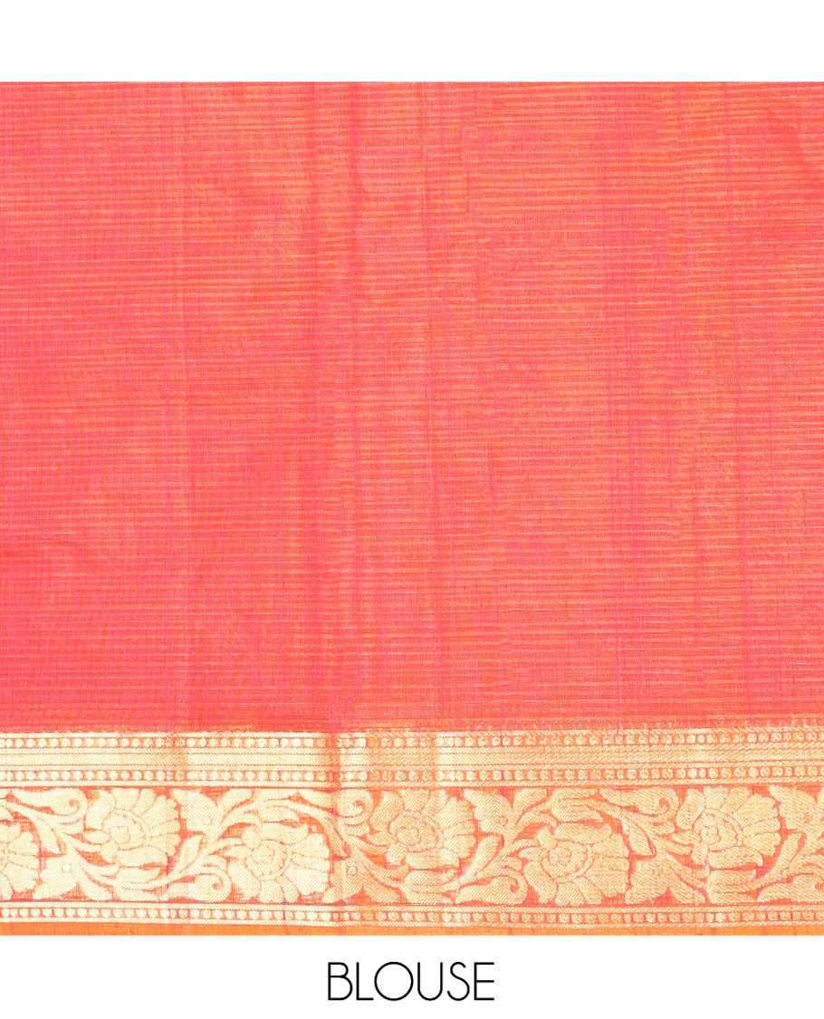 Reddish Pink Silk Cotton Saree, Detailed with Zari Buttas and Stripes, a Contrast Floral Creeper Border, Floral Design Pallu, and a Matching Blouse