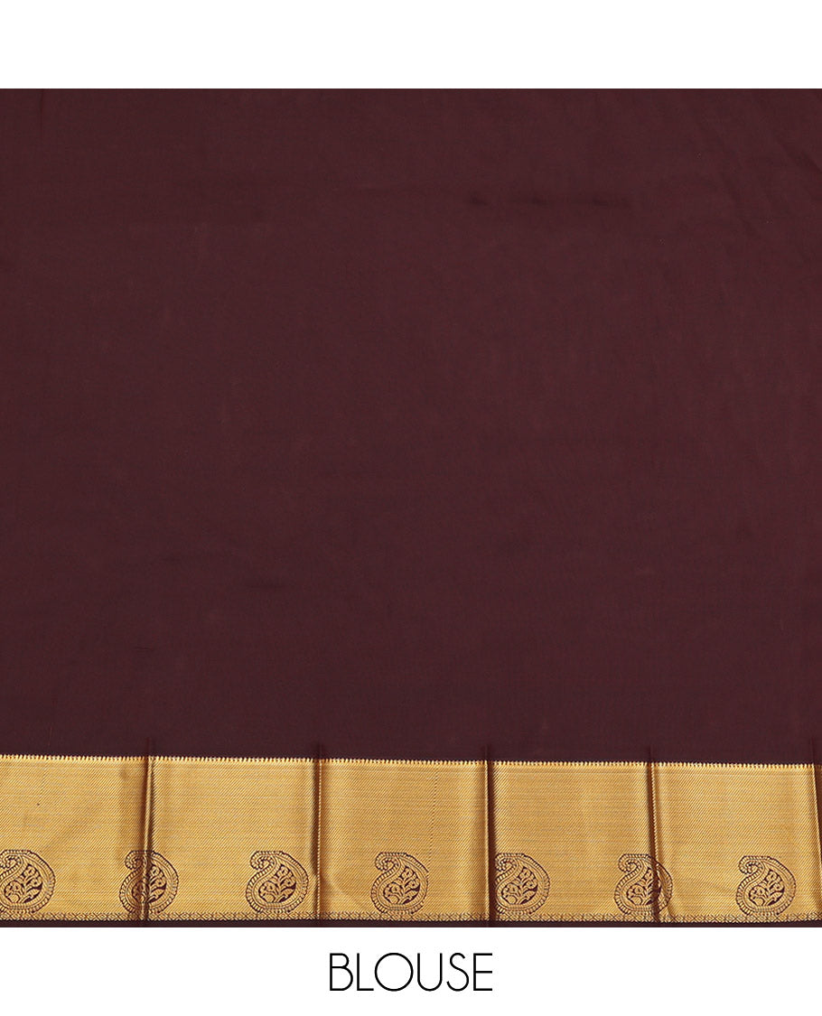 Red Budget Silk Saree, Delicately Woven with Zari Buttas on Its Body, Complemented by a Contrast Paisley Zari Border, Grand Pallu, and Paired with a Contrast Blouse