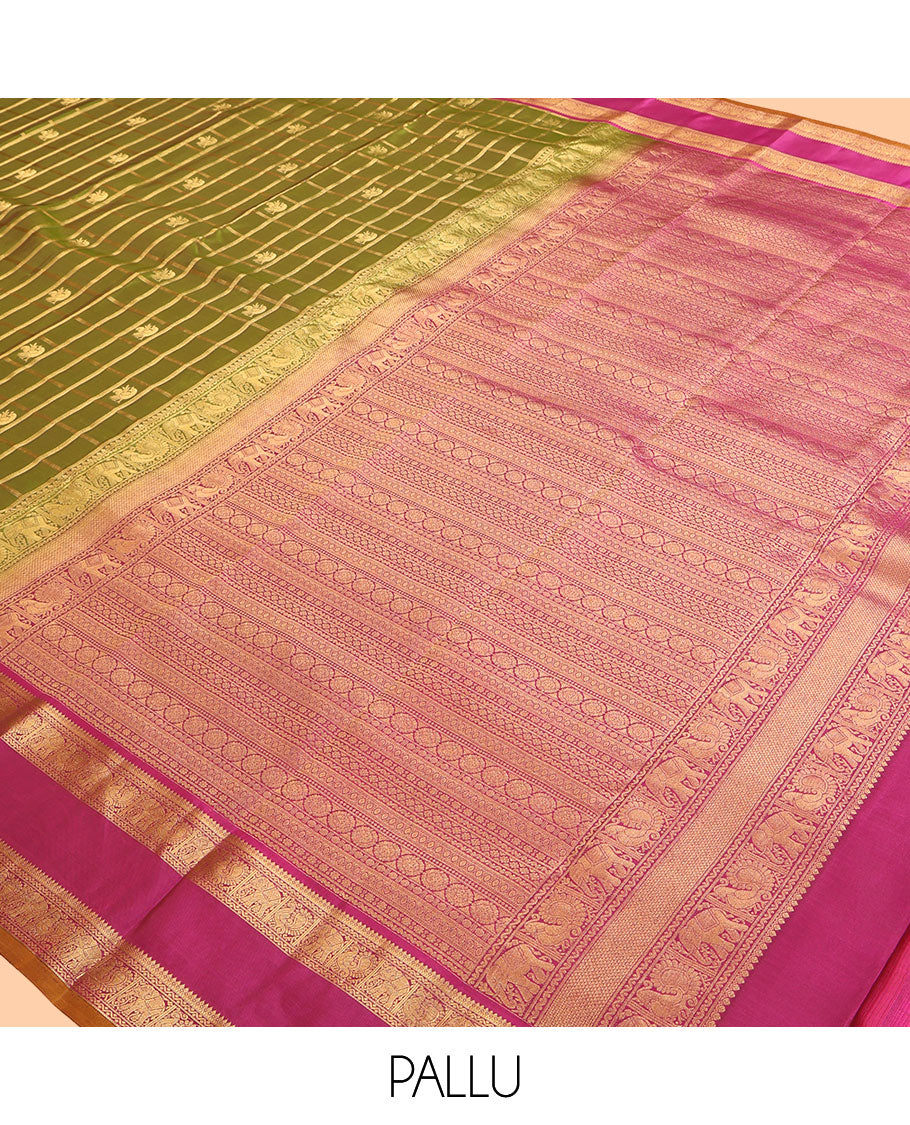 Green Vasundhara Lite Silk Mix Saree, Woven with Butta Enclosed Checks, Contrast Rettai Pettu Border of Thilakam Mokku, Neli, Mayil, and Yaanai Designs, Grand Pallu, and a Contrast Blouse