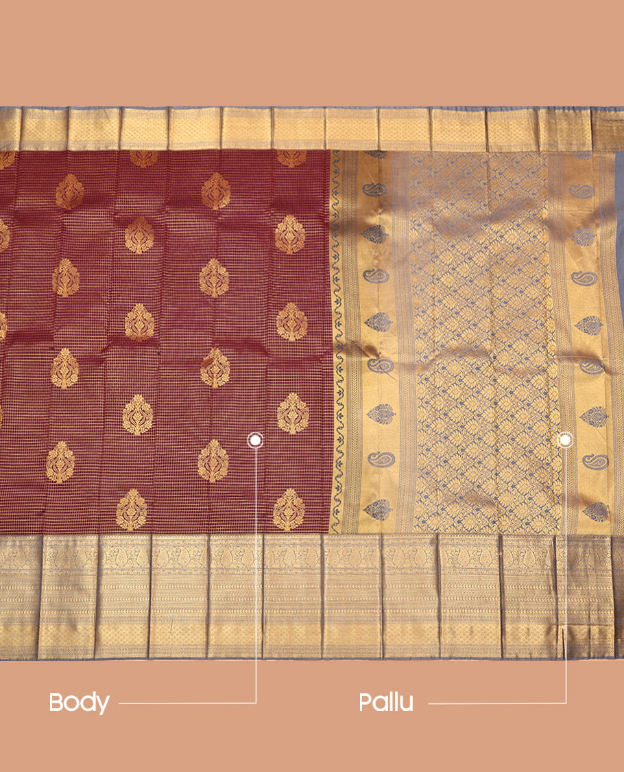 Maroon Budget Silk Saree, Richly Detailed with Zari Buttas and Micro-Checks, a Contrast Traditional Zari Big Border, Intricate Pallu, and a Contrast Blouse