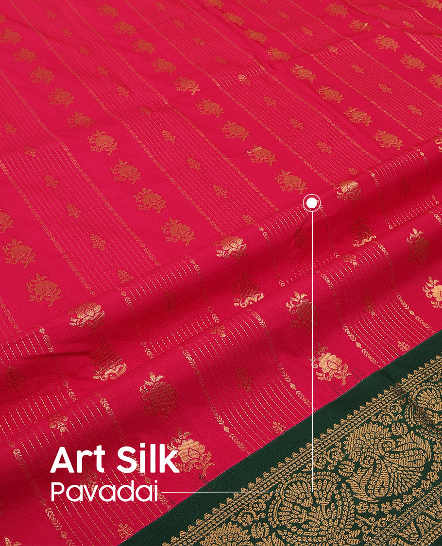 Pink Art Silk Pavadai Material Set, Embellished with Zari Designs All Over the Skirt, Complemented by a Contrast Floral-Paisley Zari Border, and Paired with a Contrast Blouse