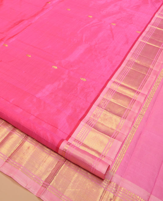 Pink Kanchipuram Silk Saree, Delicately Woven with Zari Buttas, Complemented by a Contrast One-Sided Border of Panner Sombu, Banaras, and Jaal Designs, Kodi Visiry Pallu, and a No Blouse